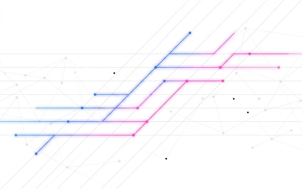 A network of nodes crossed by parallel guide lines, with some connections aligning to the guides and glowing blue to pink.